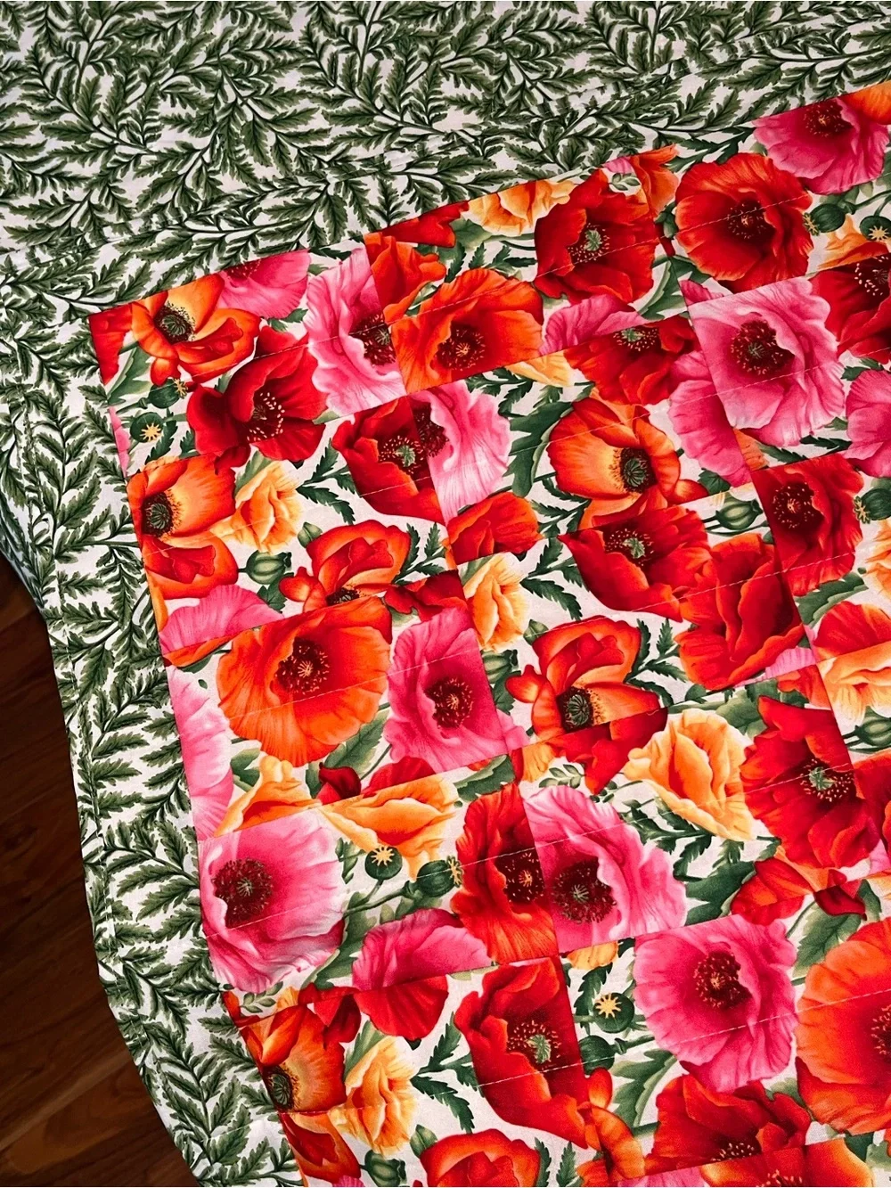 Hand Crafted Floral Patchwork Lap Quilt in Red, Pink, Orange, Green